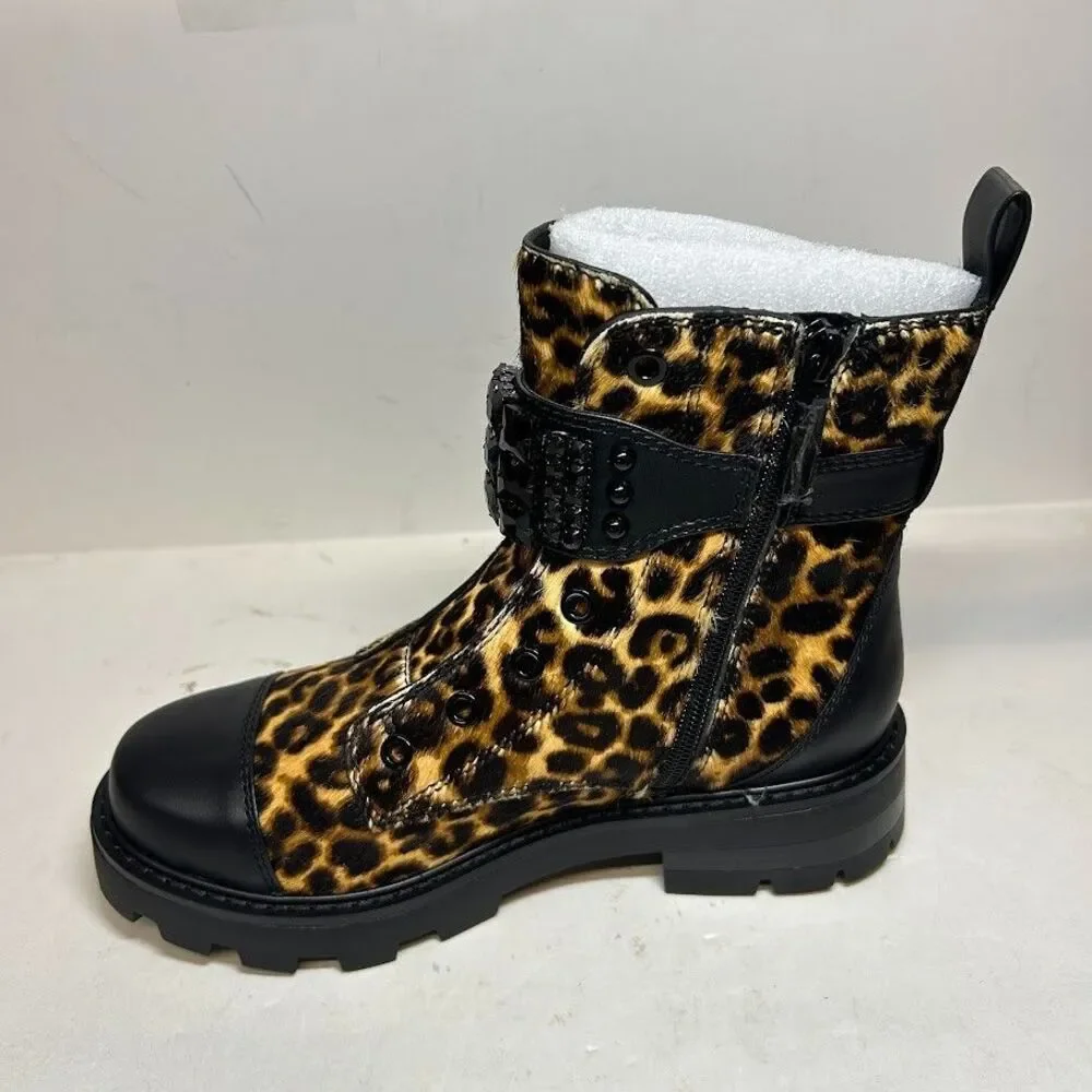Karl Lagerfeld Womens 7.5 M Leopard Print Cow Fur Maeva Combat Boots DISPLAY QY5